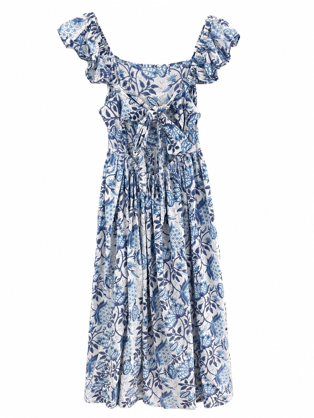 Women’s Blue Floral Cotton Maxi Dress Puff Sleeve Tie Back Size M Cottagecore - Picture 2 of 8